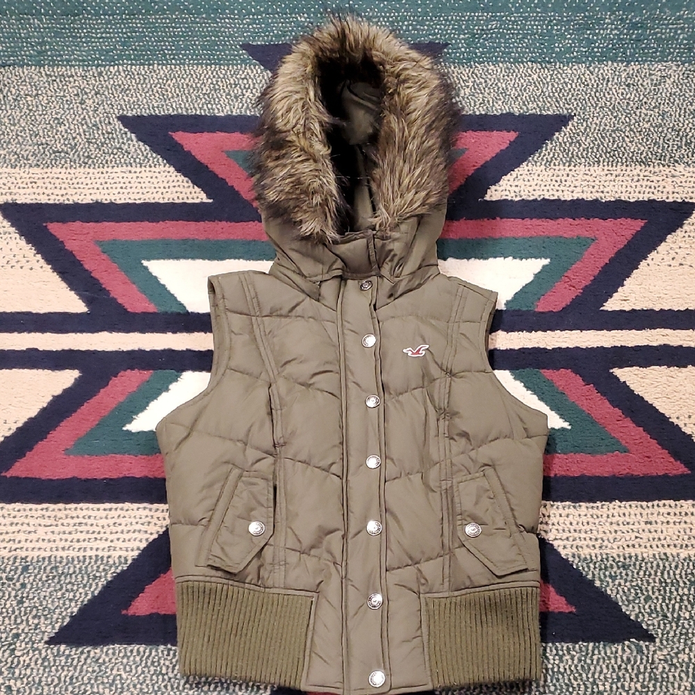 Hollister Olive Green Vest with Maroon Logo & Removable Hood